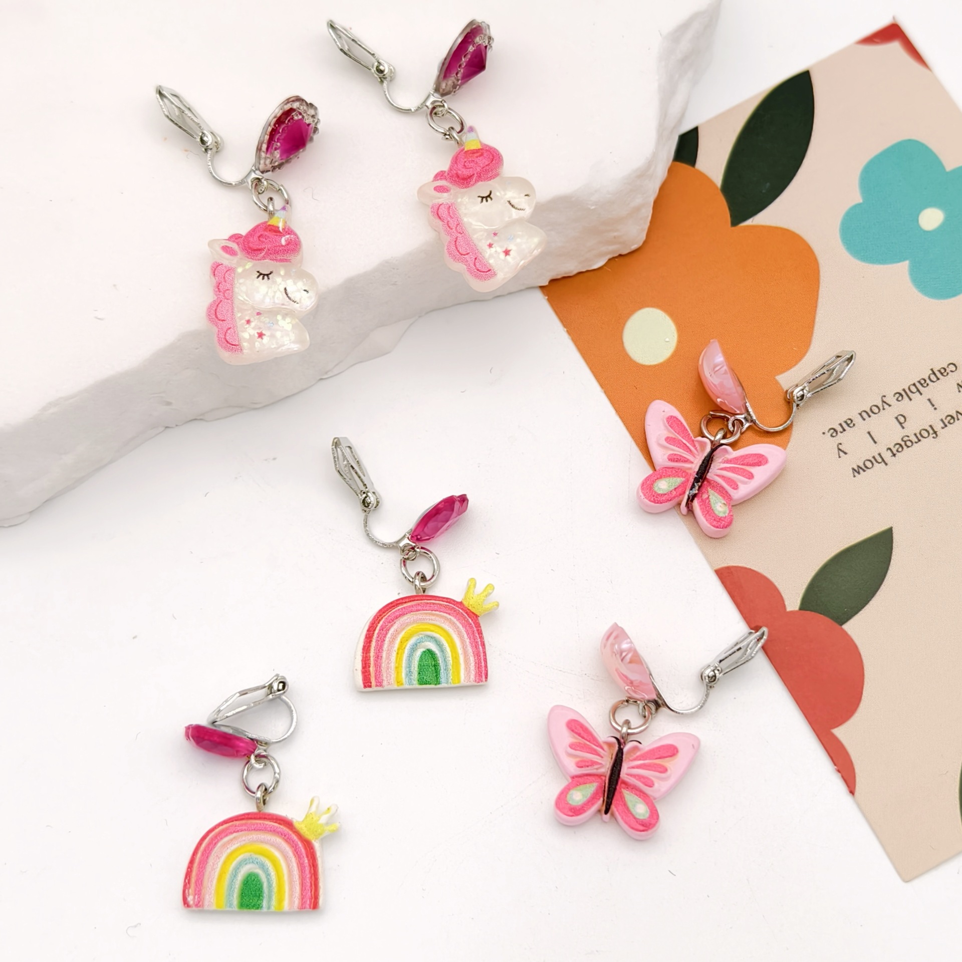 [Can] New Cross-Border Kidsren's Cute Unicorn Anti-Pain Ear Clip Dreamy Rainbow Butterfly Pierced Earrings