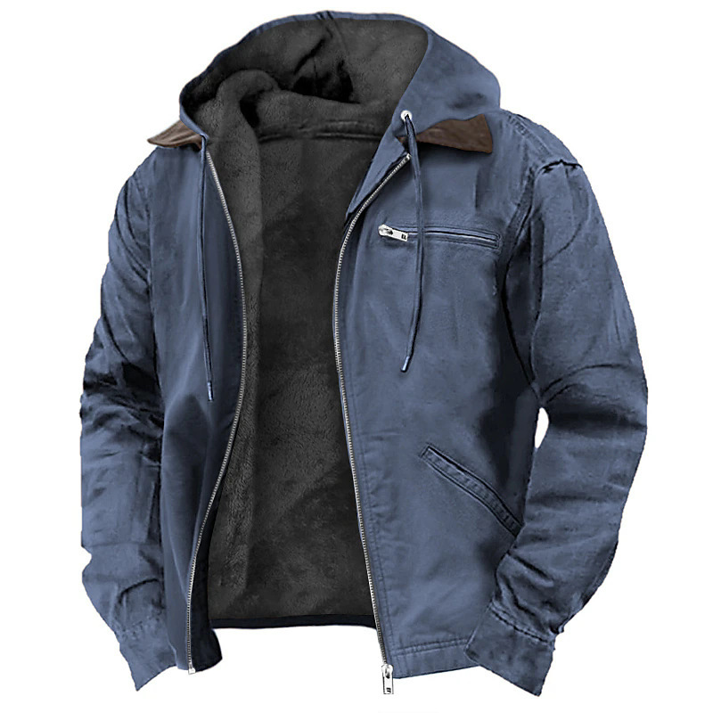 European and American Cross-Border E-Commerce Exclusive Solid Color Hooded Cotton Casual Men's Fleece-Lined Zip Pocket Jacket Coat