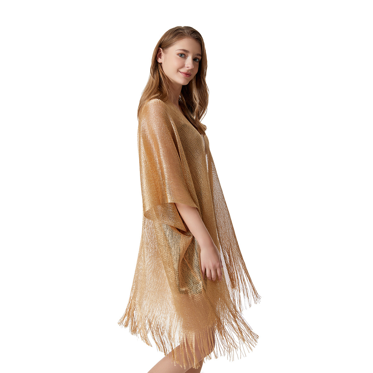 Cross-border Explosions Flat Towel Large Shawl Gold and Silver Silk with Sleeve Split Sun Beach Clothes Holiday Bikini Blouse Sun Protection