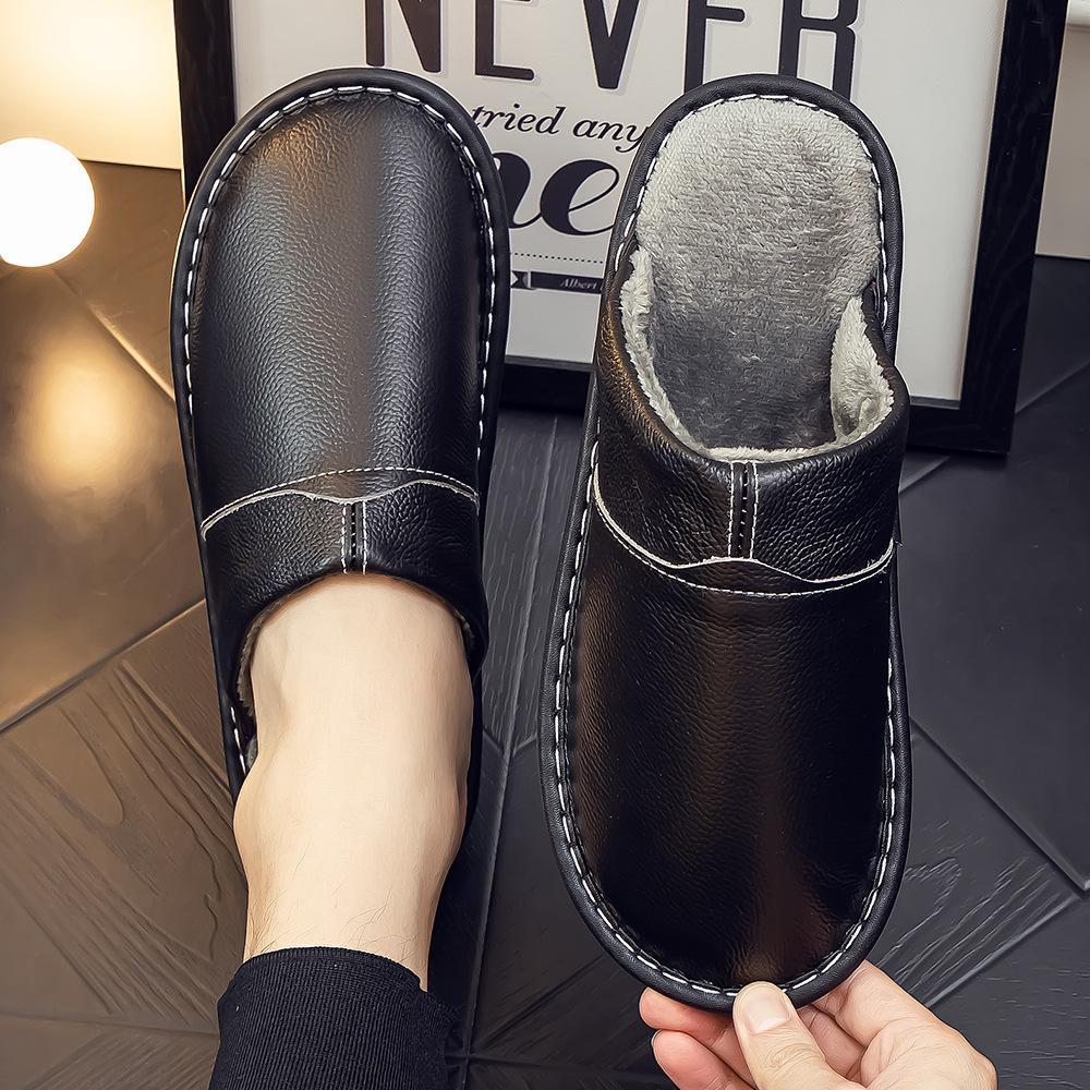 Haining Winter Genuine Leather Cotton Slippers for Women at Home, Couples Indoor Waterproof Anti-Slip Soft Bottom Home Cotton Slippers for Men Wholesale
