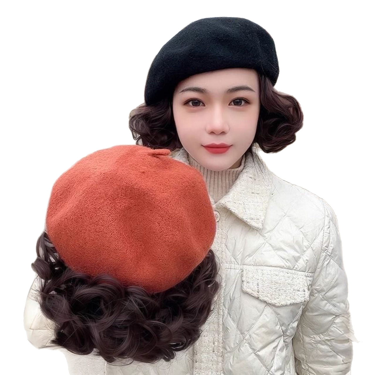 Hat Wig for Women with Short Curly Hair, Full Headgear, Fashionable and Stylish Autumn and Winter Beret Wig, One-Piece Mother's Headgear