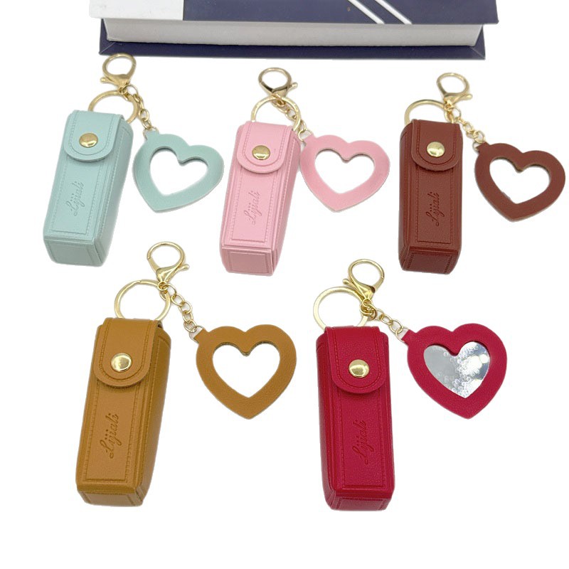 Leather Lipstick Storage Bag, Portable Small Mirror Keychain, Mini Bag Keychain Pendant Gift Idea