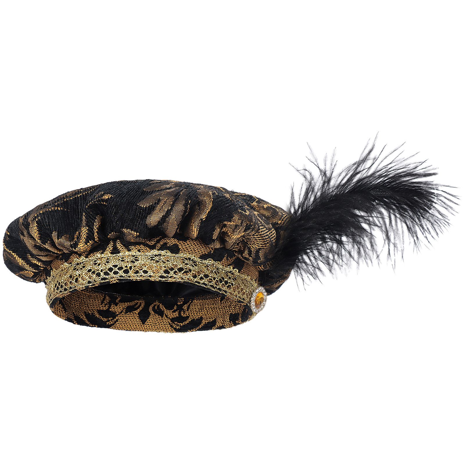 Men's Medieval Tudor Hat with Feathers, Muffin Top Hat, European Court Hat, Flat Hat, Cos Costume Performance Headwear