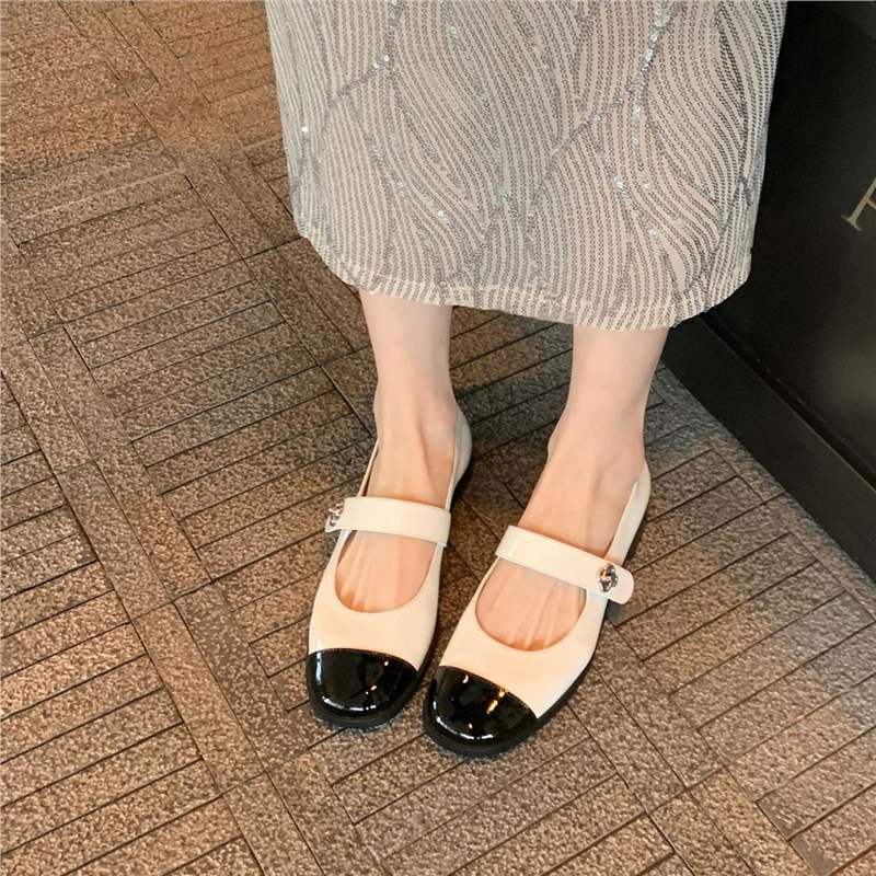 Sheepskin Version ~ Classic Small Fragrance Style Color-Blocked One-Line Buckle Mary Jane Shoes for Women with Shallow Mouth, Flats Genuine Leather Thick Heel Shoes