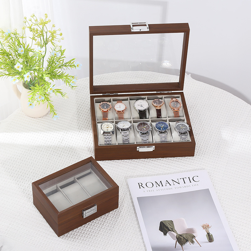 Black Walnut Pattern Watch Storage Box with Window, Mechanical Watch Bracelet Walnut Display Box, Wooden Window Design