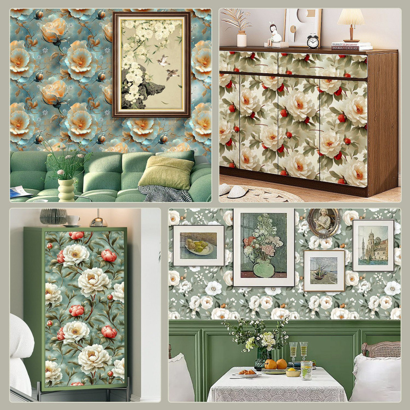 High-End Self-Adhesive Wallpaper Floral Retro Pattern Wardrobe Cabinet Door Renovation Wallpaper Renovation Waterproof Furniture Stickers