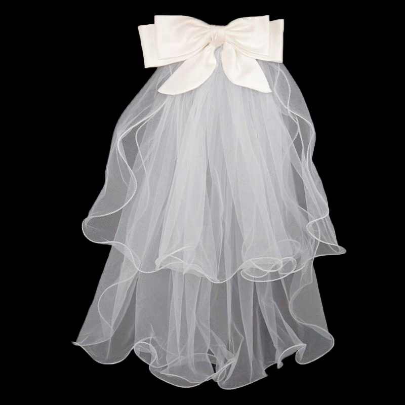 Internet celebrity bow veil adult children's wedding wedding wedding license double-layer short pearl white veil