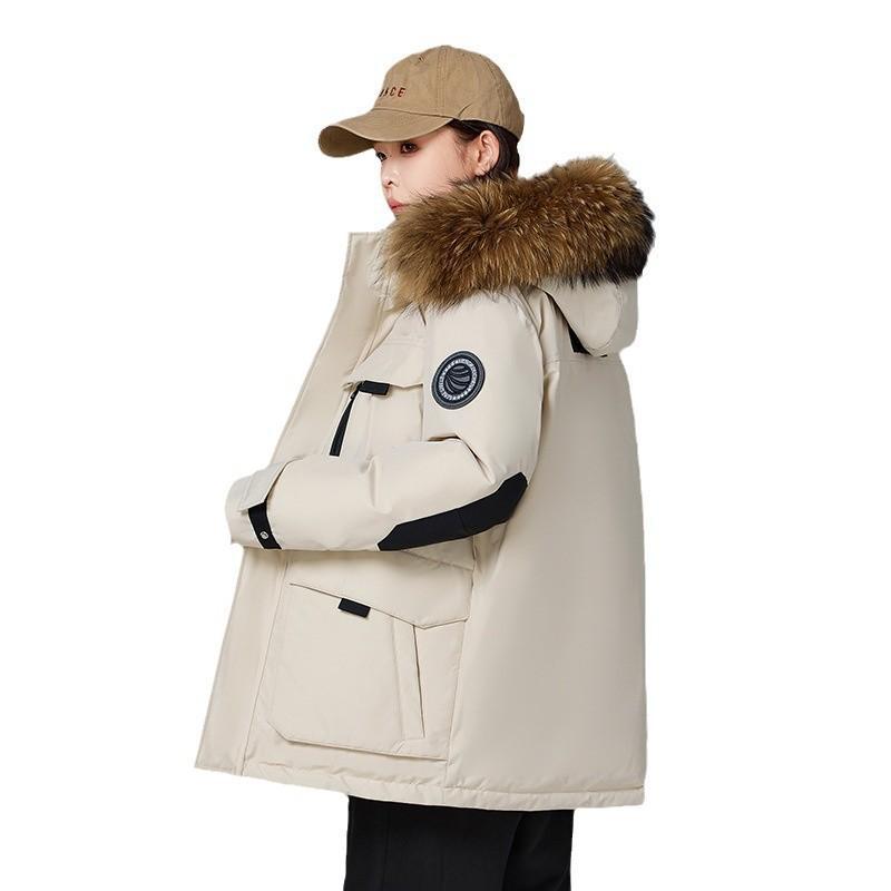 2025 New Thickened Couple's Workwear down Jacket Winter Clothing for Men and Women, Mid-Length with Fur Collar, Outdoor Warm and Trendy