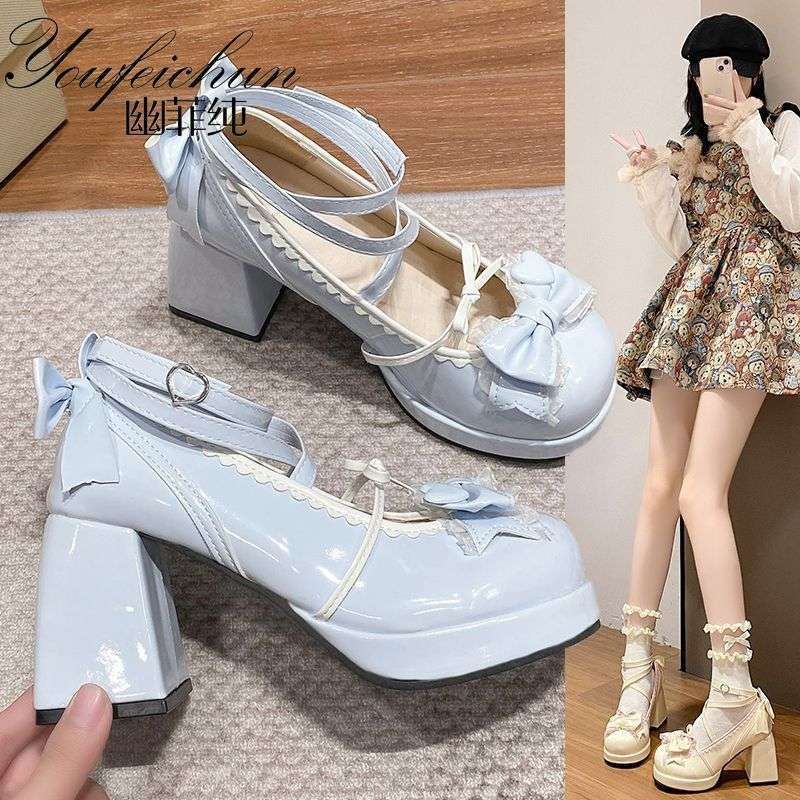 Original Lolita Thick Heel Thick Sole Waterproof Platform Blue Japanese Style Soft Girl Sweet and Cute Bow Shoes for Women