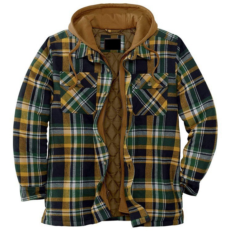 2021 foreign trade explosions men's European and American autumn and winter thick cotton plaid long sleeve loose hooded jacket coat