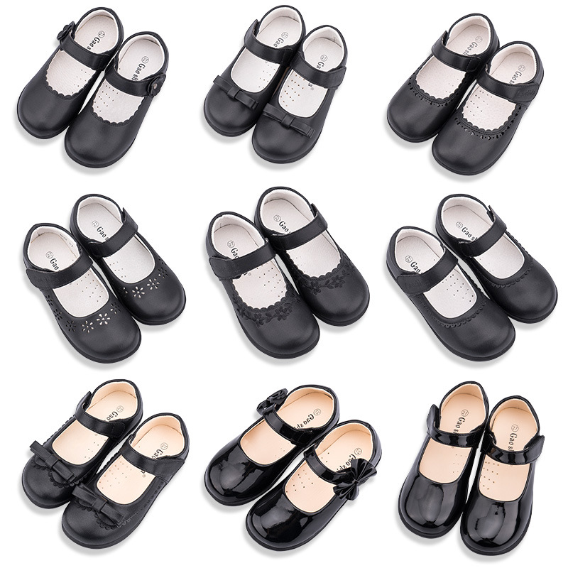 Girls Black Student Leather Shoes Mute Top School Shoes Performance Shoes Matte Casual Soft-soled Princess Shoes Handmade for Middle School Children