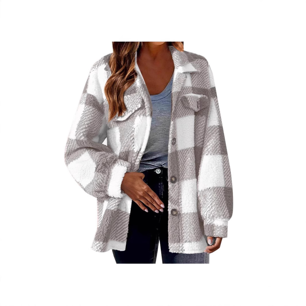 Spot Cross-Border Amazon European and American Autumn and Winter Open Button Lapel Plush Jacket Plaid Pattern Button Jacket to Heattech