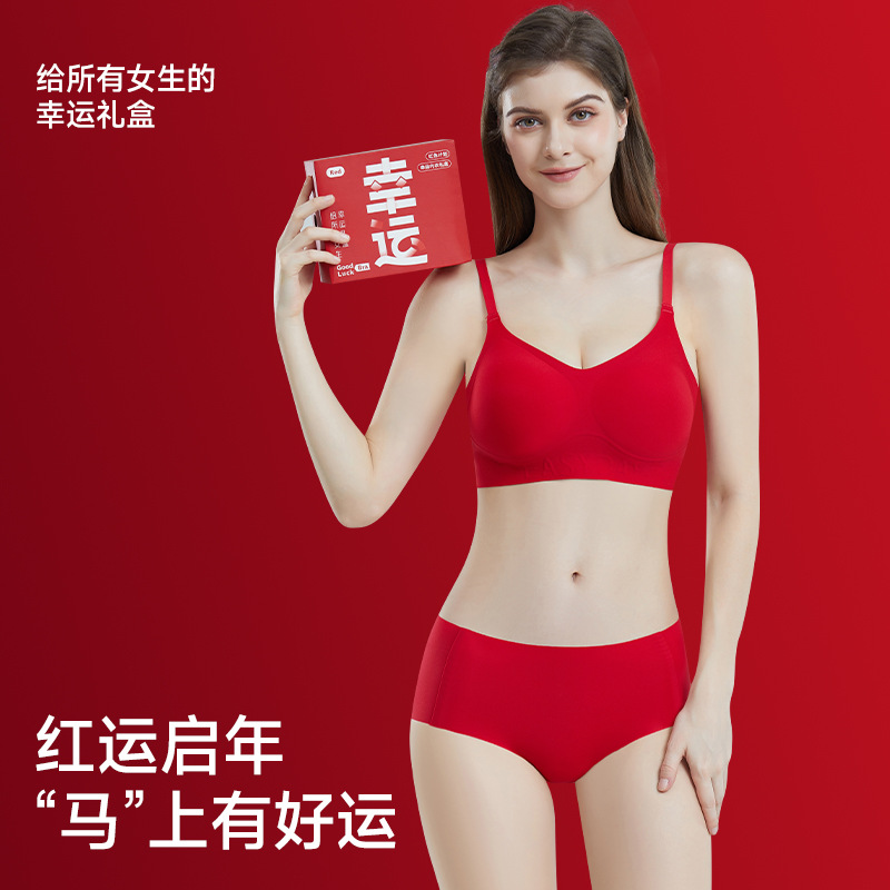 New Red Underwear Set for Women's Zodiac Year Without Rims Jelly Strips Seamless Bra Small Breast Push-Up Fixed Cup