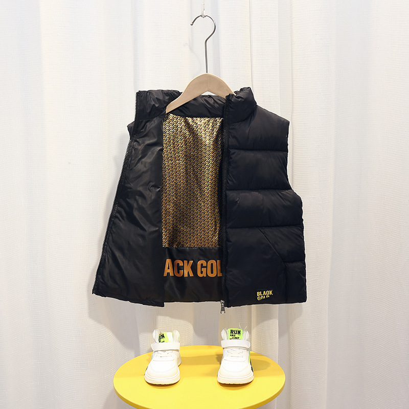 Autumn and Winter Black Stand Collar down Cotton Vest for Boys and Girls, Trendy Outerwear for Older Children, Stylish and Fashionable