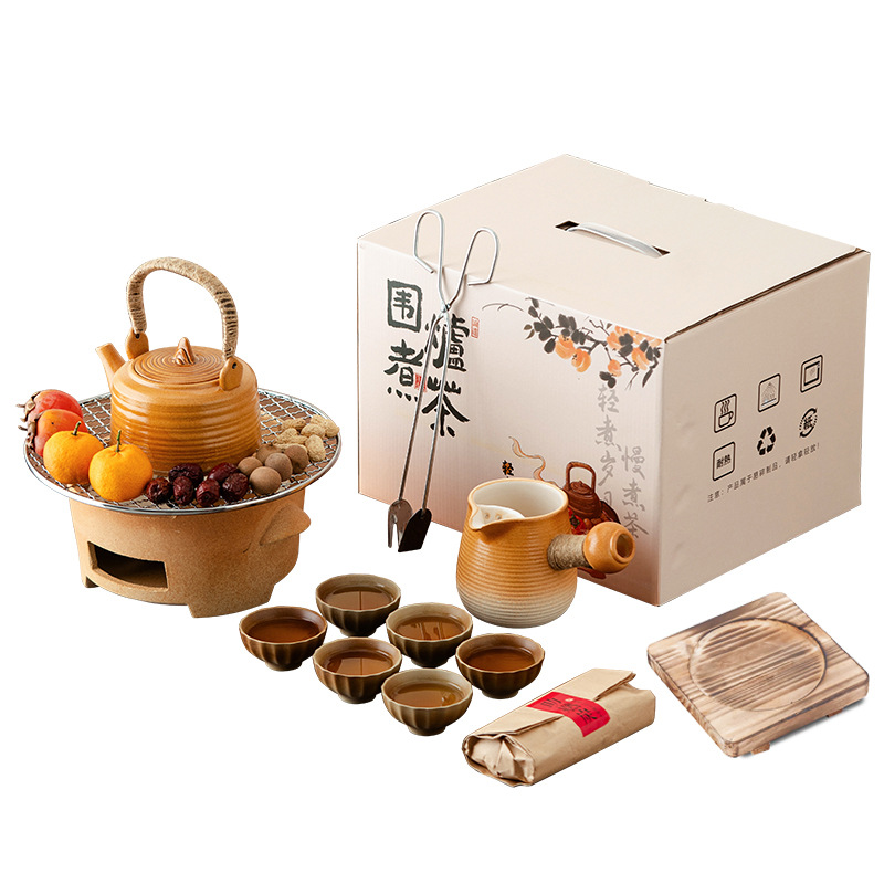 Tea Brewing Stove Set with Clay Charcoal Stove, Tea Pot, Milk Tea Gift Box for Outdoor Activities and Annual Meetings