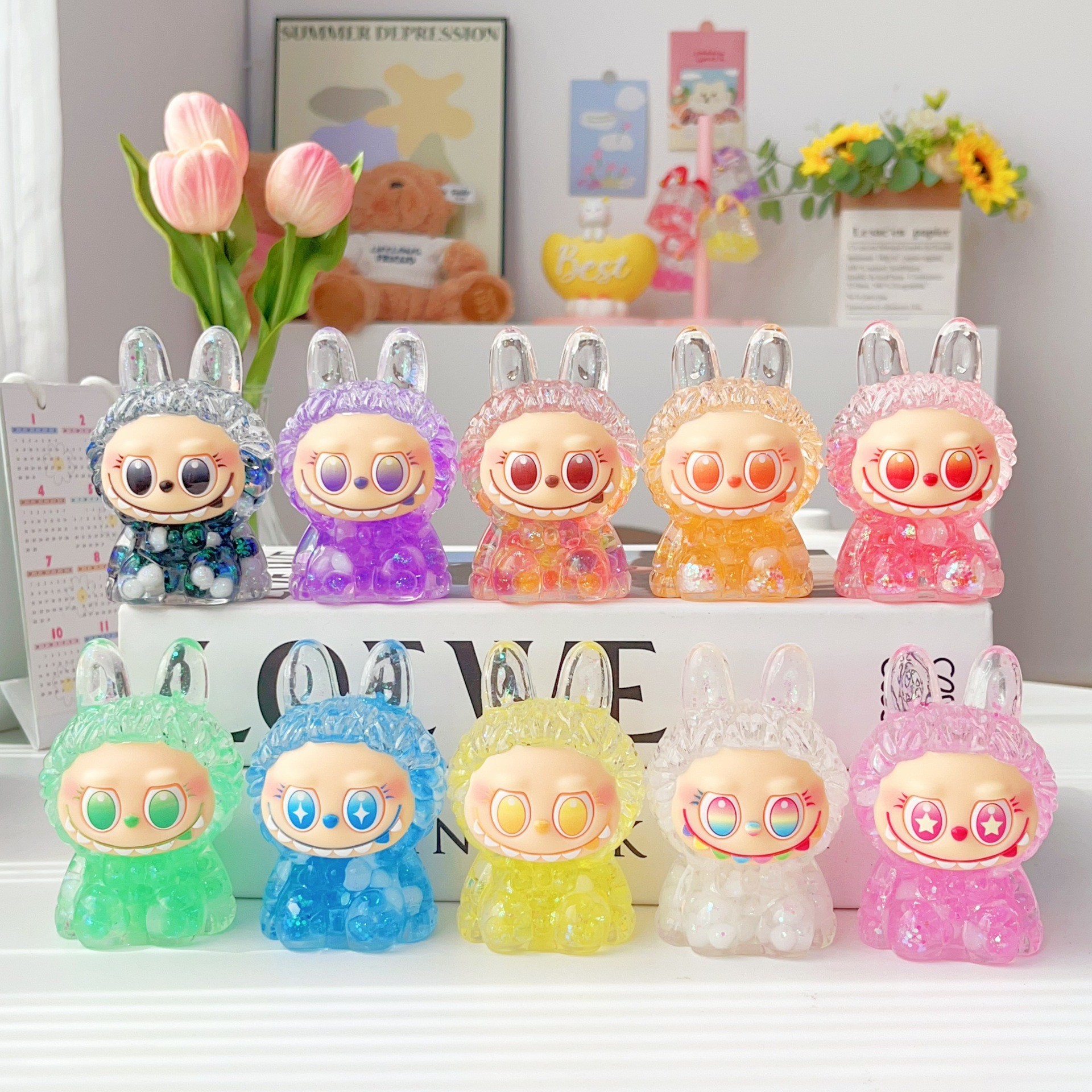 Tiktok 8cm Giant Labubu Figurine Oil Milk Bean Flowing Sand DIY Accessories Acrylic Wholesale Gift Holiday