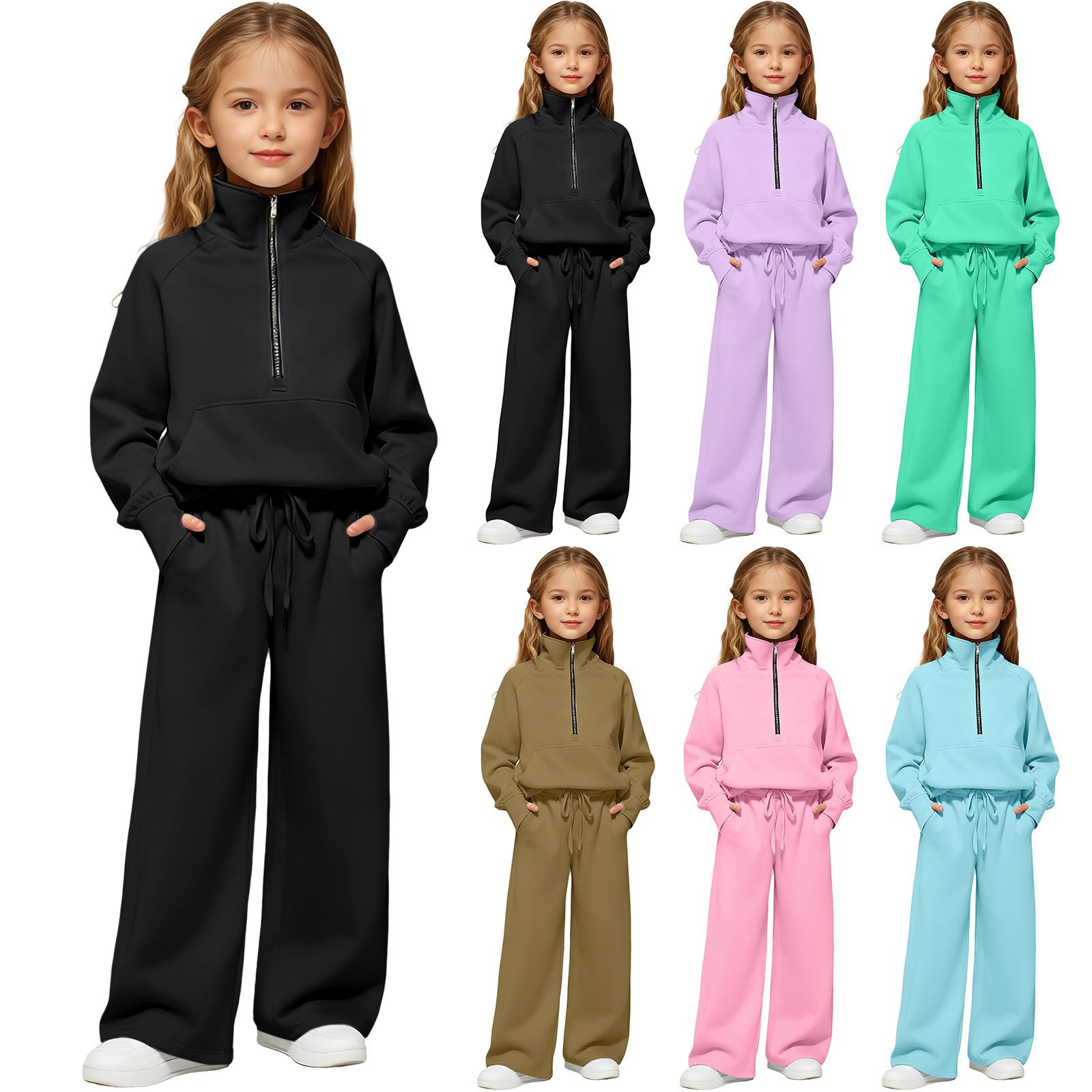 Европейский и американский костюм с половинной молнией, широкие брюки, повседневный детский комплект 2025