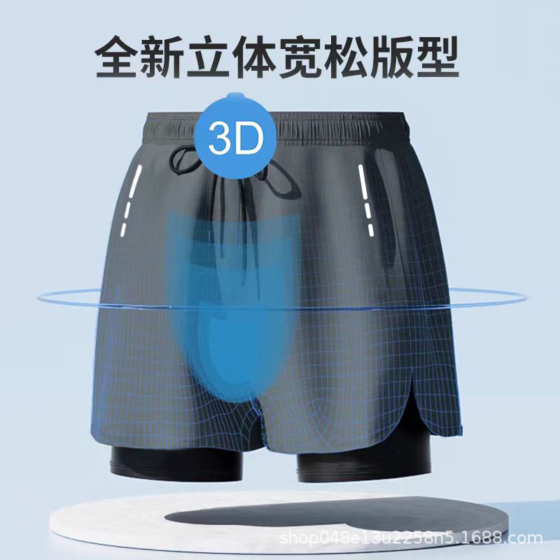 Cross-border explosion sports double-layer swimming trunks loose plus size boxer anti-embarrassment running fitness men's swimming trunks customization
