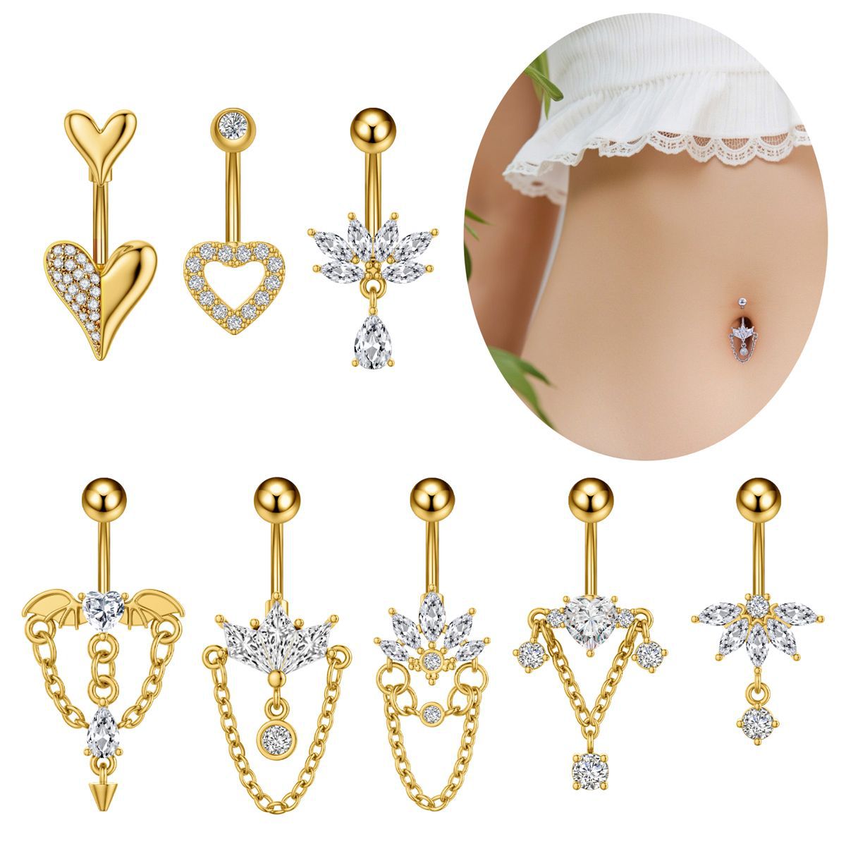 Кросс-бордовая новая серьга для пупка из нержавеющей стали, сердечко с микро-гранеными цирконами, цепочка с марquise, пирсинг