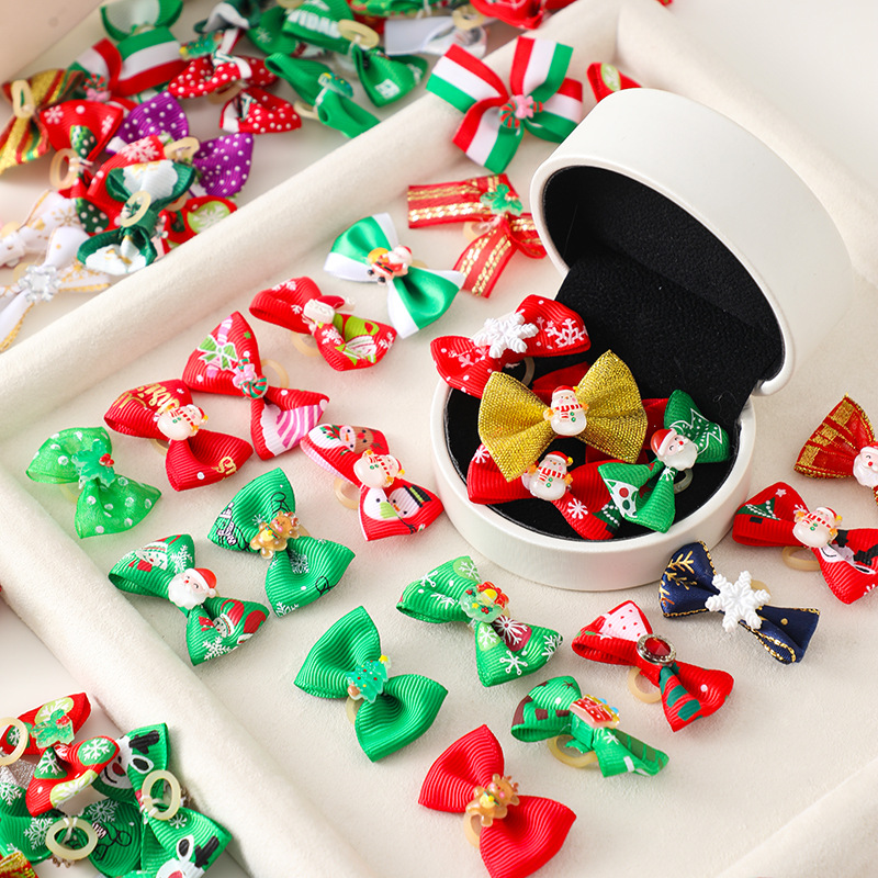 Cross-border Hot-selling Christmas Pet Bow Head Flower Rubber Tendon Cute Pet Curly Flower Headwear Accessories Bow Tie in stock