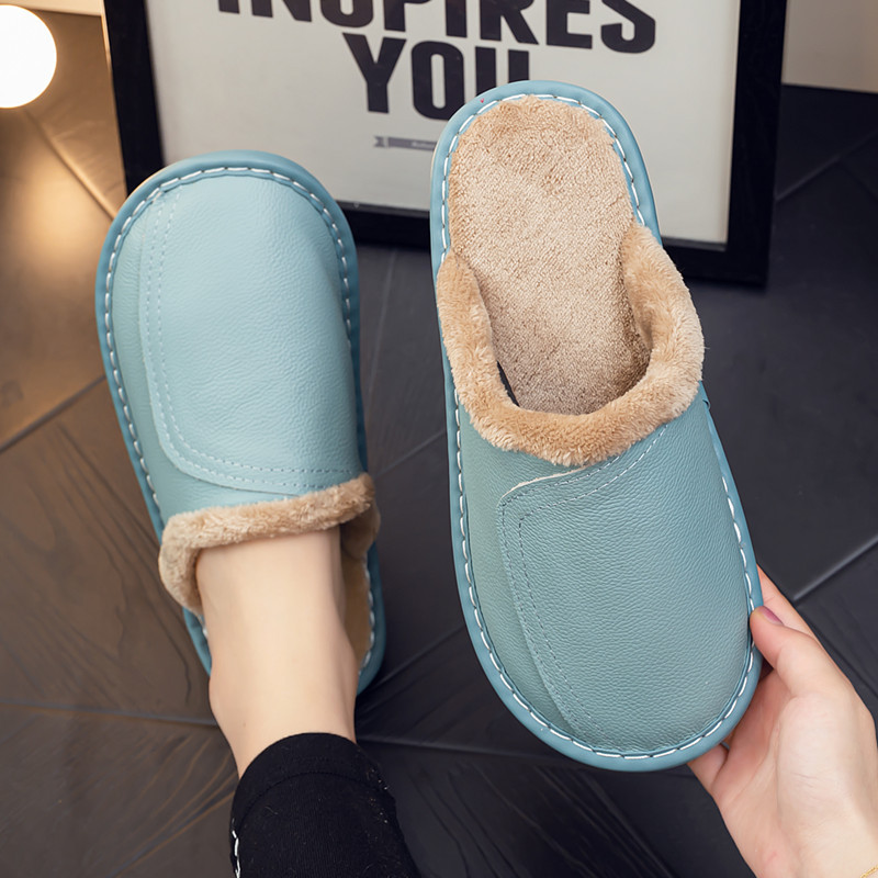Winter Home Cowhide Genuine Leather Slippers for Women and Men Indoor Thickened Non-Slip Solid Color Home Warm Slippers Wholesale