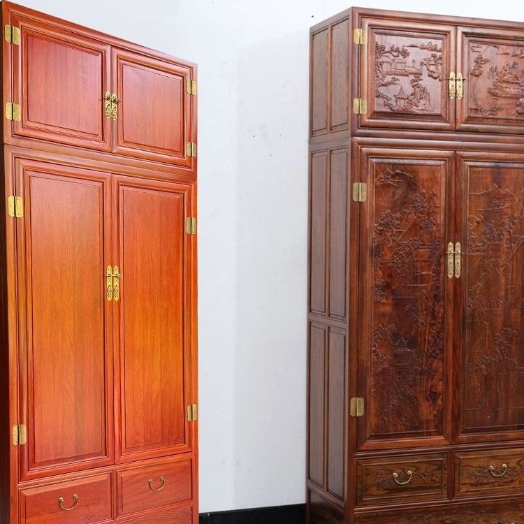 Chinese-Style Carved Bedroom Large Wardrobe Solid Wood Top Box Cabinet Combination Furniture 4-Door Assembled Cabinet Storage Cabinet Golden Rosewood