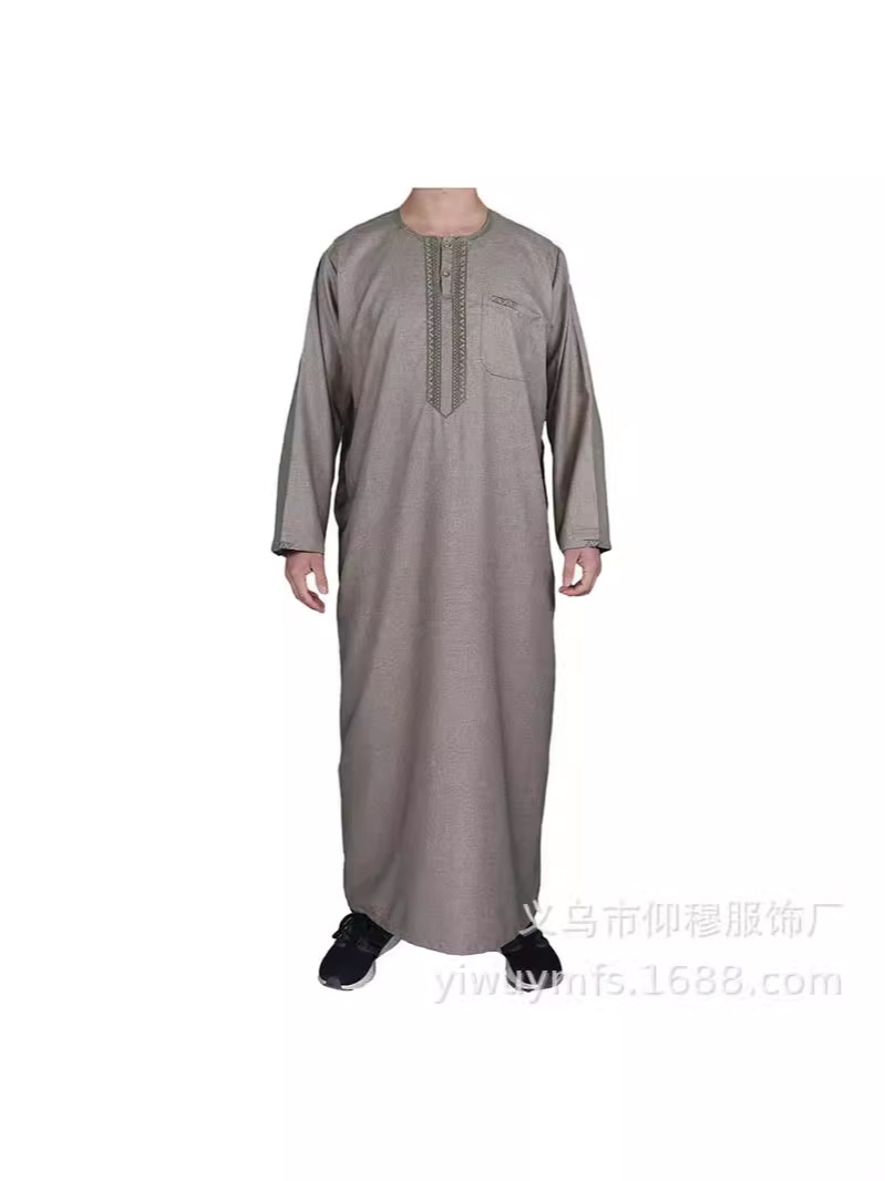 Long-Sleeved Cotton and Linen Cross-Border Trade Factory Direct Sale Round-Neck Exquisite Embroidery Moroccan Style Men's Shirt with Buttoned Pockets