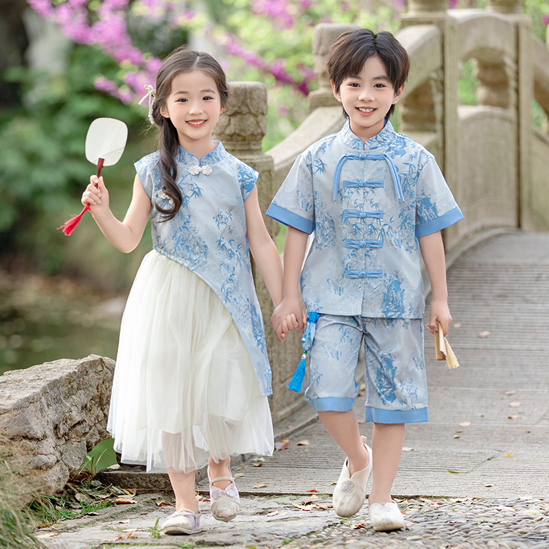Мальчиковый таньский костюм с коротким рукавом Ханьфу Лето 2025 Новый детский костюм на праздник драконьей лодки Летний национальный стиль