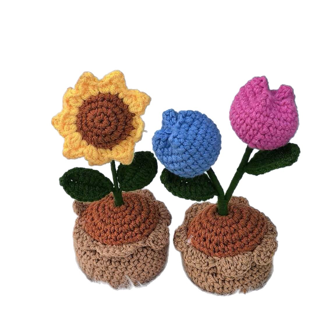 Finished Handmade Sunflower Tulip Potted Plant Graduation Season Gift Crocheted Wool Small Sun Tulip Potted Plant