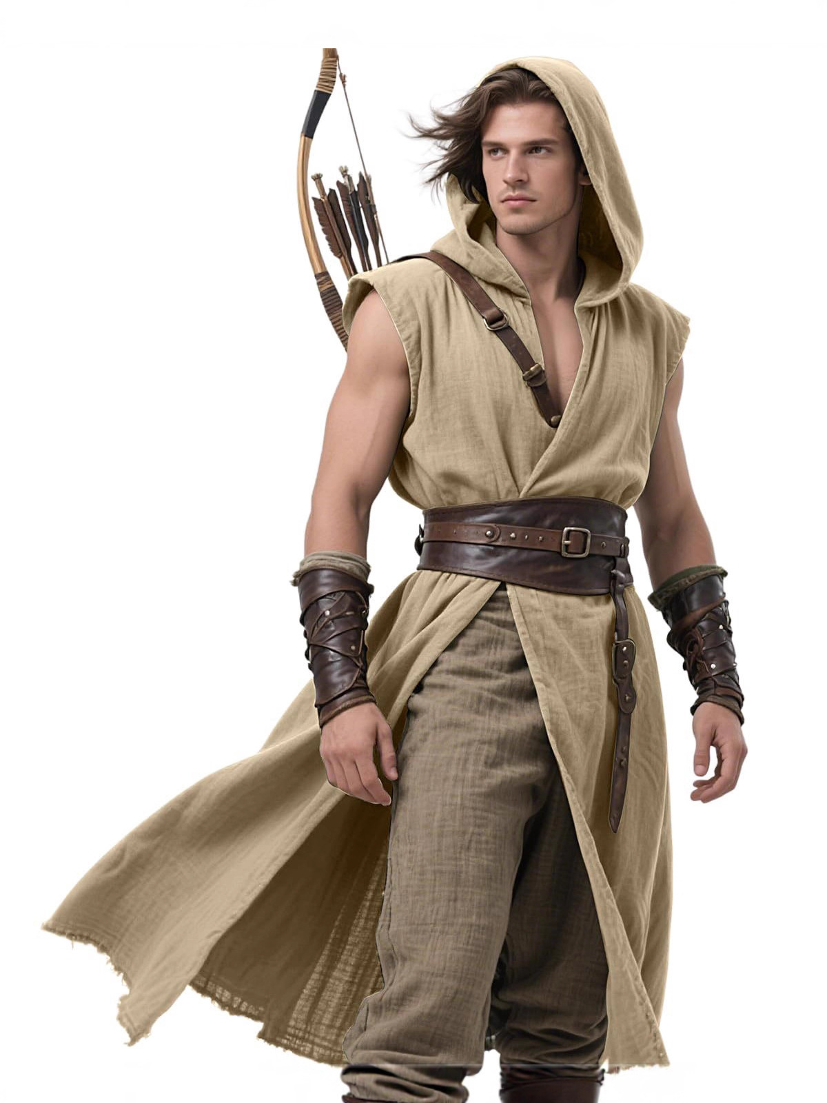 Men's Medieval Hooded Sleeveless Outerwear Renaissance Robe Sleeveless Vest Vikings