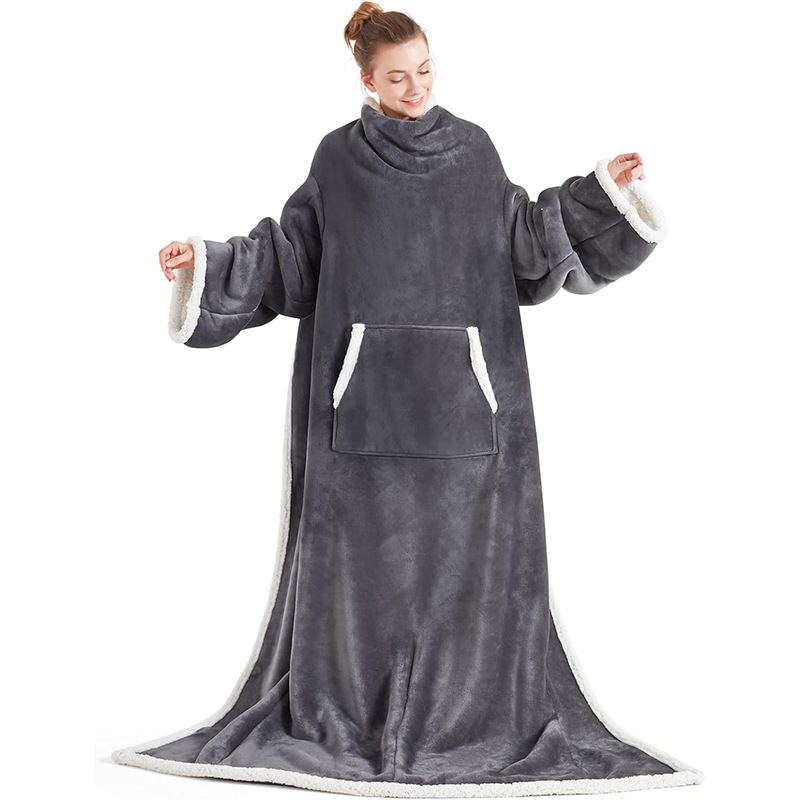 TV Blanket Oversized Thickened Wearable Lazy TV Blanket Warm Cold-proof Clothes Hooded Flannel Lambskin Sleeping Blanket