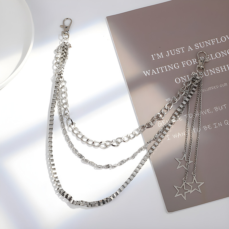 European and American Trendy Hip-Hop Punk Five-Pointed Star Pendant Tassel Jk Skirt Waist Chain Street Three-Layer Star Stylish Accessories