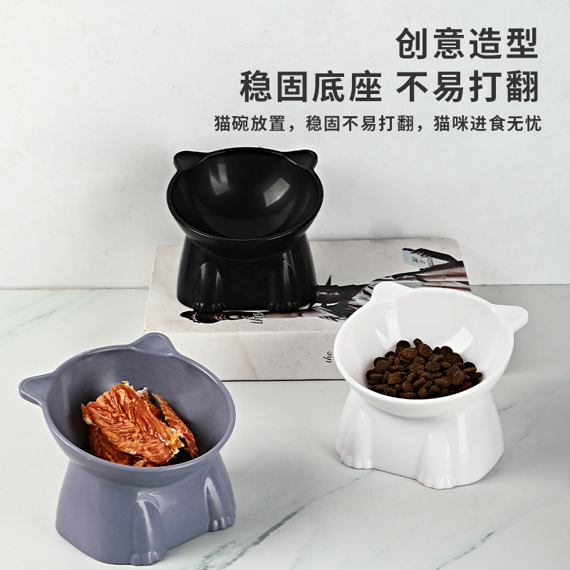 Nordic style inclined high foot plastic cat bowl cartoon neck protection anti-knock cat dog food bowl pet food set factory direct sales