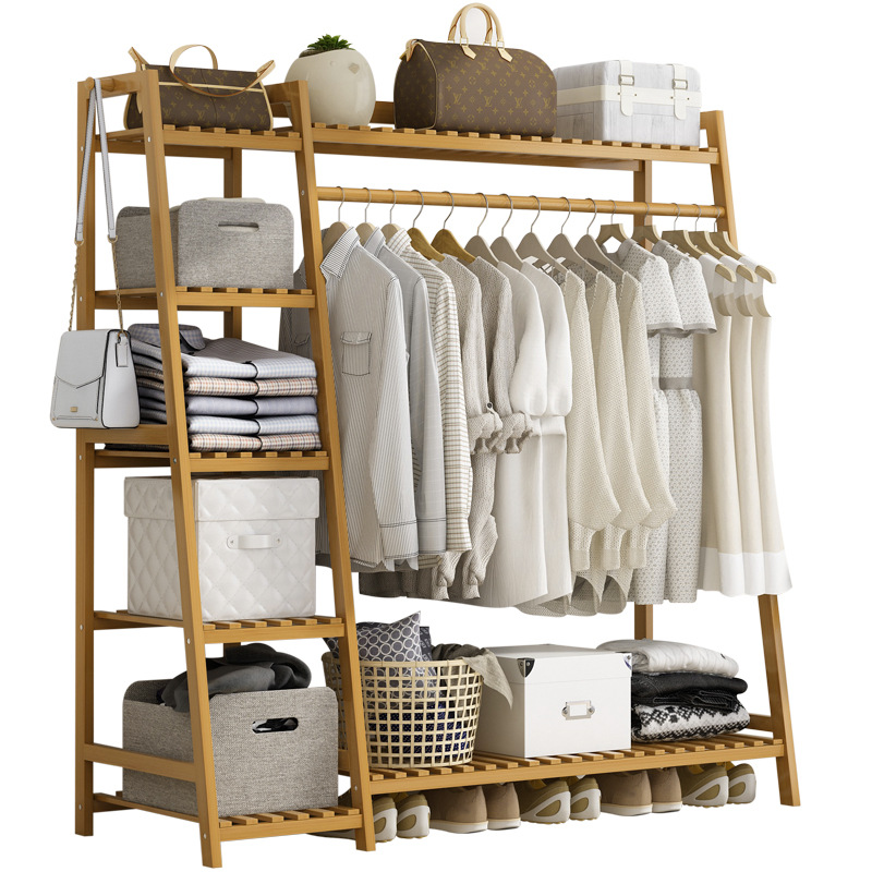 Floor-Standing Clothes Rack Simple Thickened Solid Wood Bedroom Coat Rack Clothes Hanger Household Clothes Drying Rack Storage Rack Removable