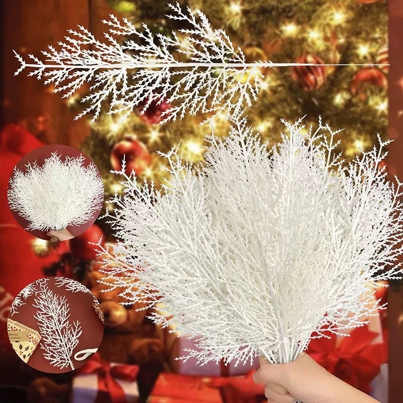 Christmas Fake Green Plant Pine Leaf Branches Artificial Pine Branches DIY Christmas Tree Decoration Accessories B403 White
