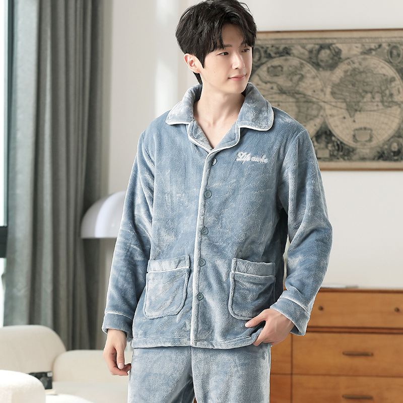 Autumn and Winter New Flannel Embroidery Solid Color Casual Casual Men's Pajamas Can Be Worn Outside Homewear Suit