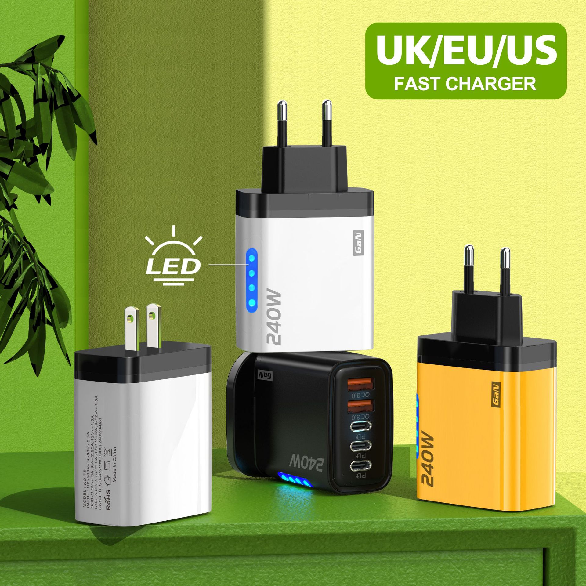 240W 3Pd+ Dual USB Charger with Light Suitable for Apple 15 Huawei Mobile Phone Dual Typec Smart Fast Charging Head