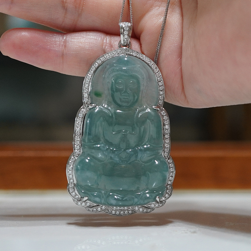 Подвеска из платины Pt950 с культивированным бриллиантом, нефритовая Гуаньинь, инкрустированная полным бриллиантом