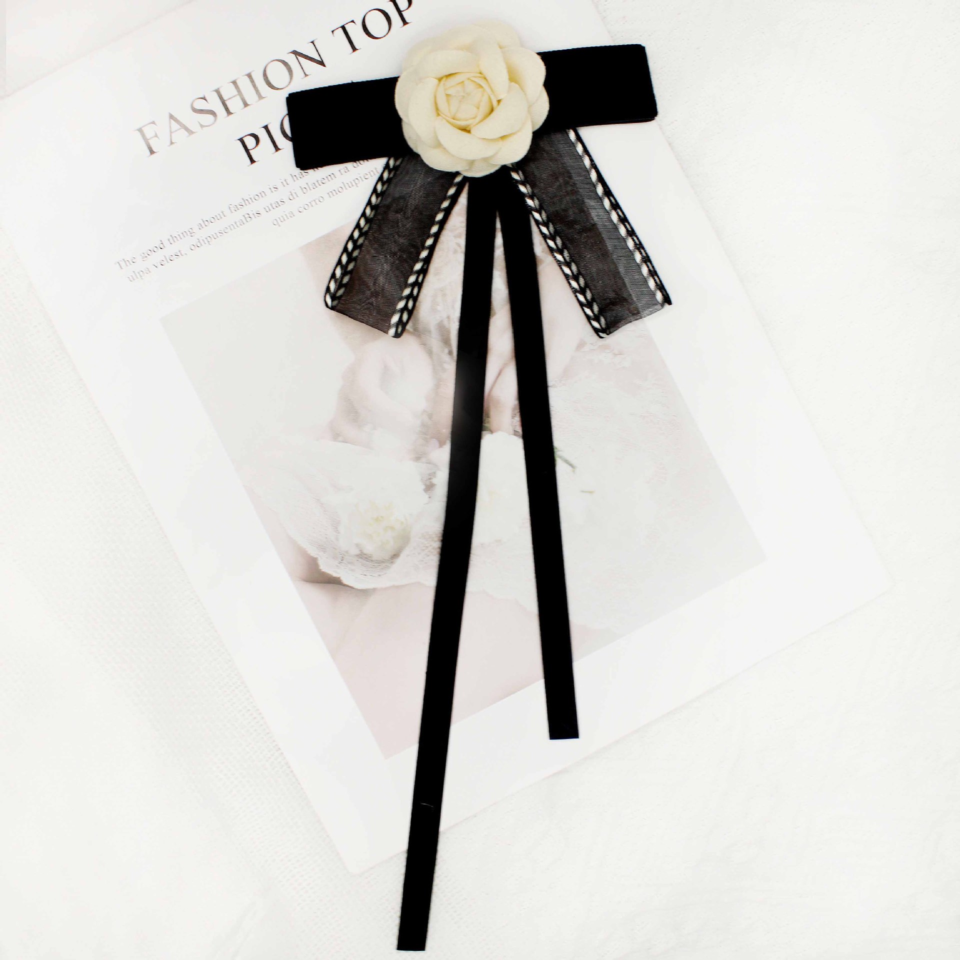 Lace Bow Tie Long Piao Lace Accessories South Korea Black Chanel Style Diamond Collar Academy Style Hair Accessories