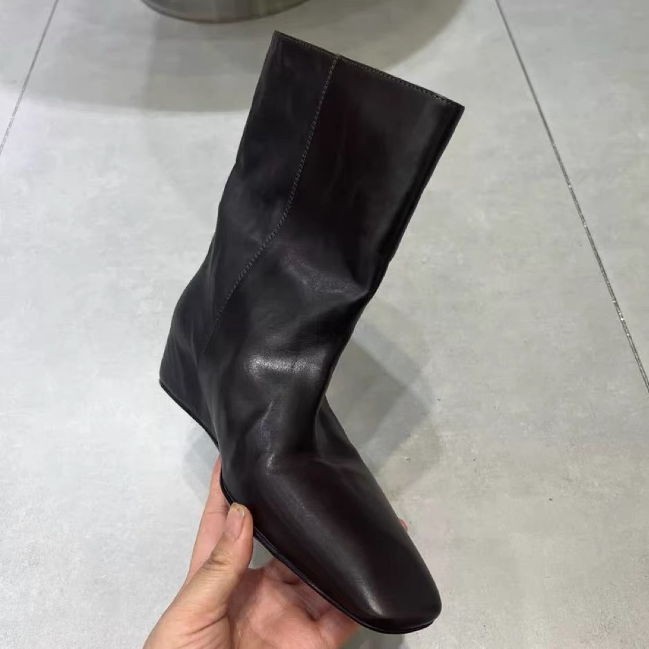 Cowhide Version ~ Retro British Style Square Toe Inner Heightening Mid-Calf Boots Short Boots for Women 2025 New Versatile Slim Boots