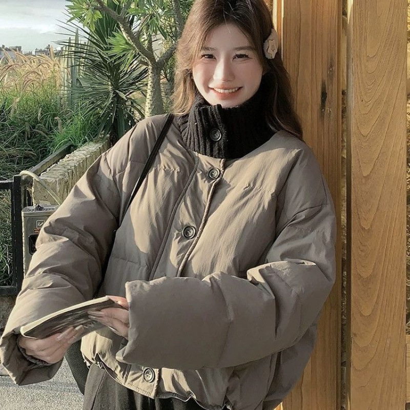 Gray Knitted Collar Short down Jacket for Women Winter New Korean Style Fashion Niche Thickened Jacket for Small People