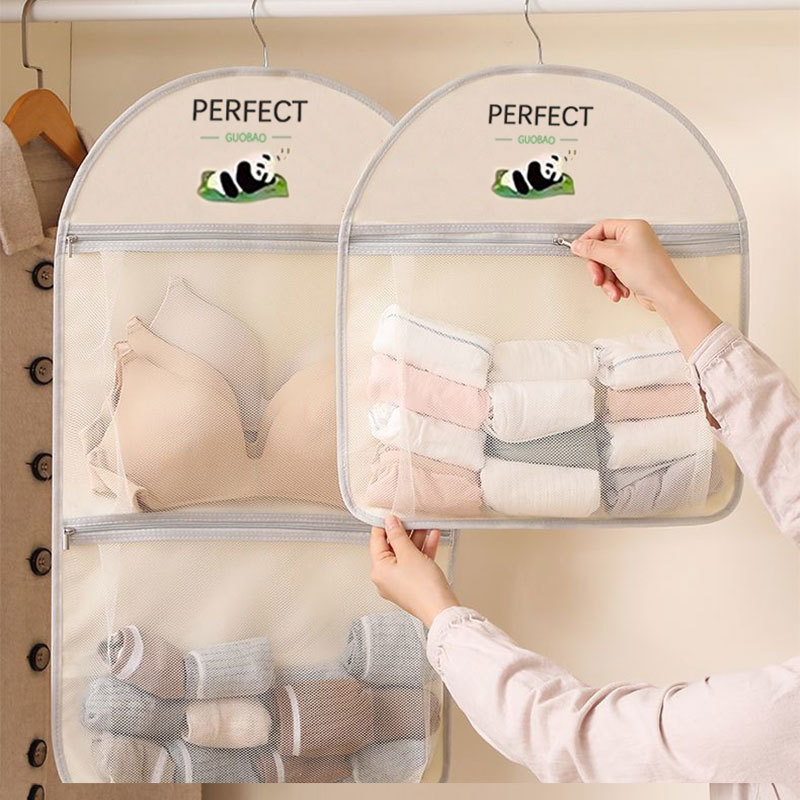 Zippered Storage Hanging Bag for Socks and Underwear, Panda Storage Bag for Dormitory Wardrobe, Hanging Mesh Bag for Underwear