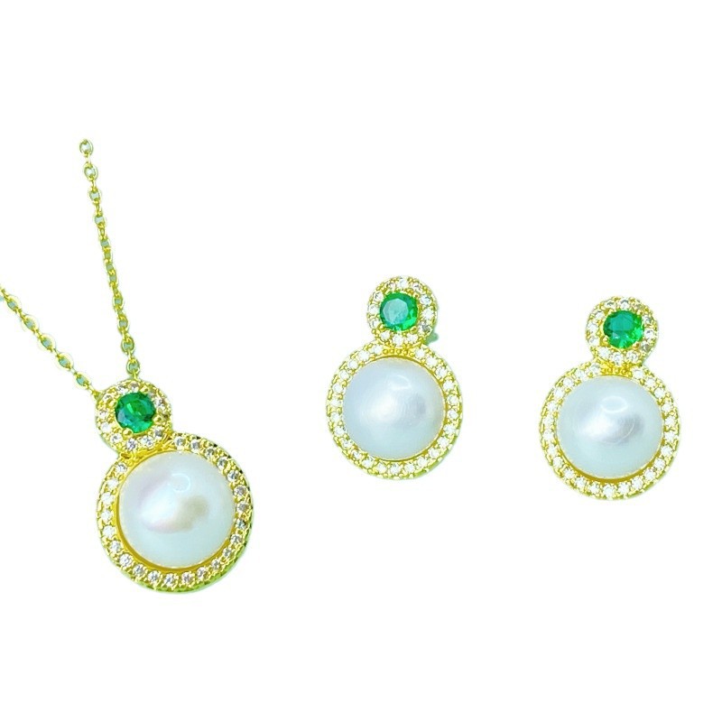 Natural Freshwater Pearl Set with Diamond Pendant Necklace and Earrings, Fashionable Light Luxury Versatile Design for Women, Dropshipping