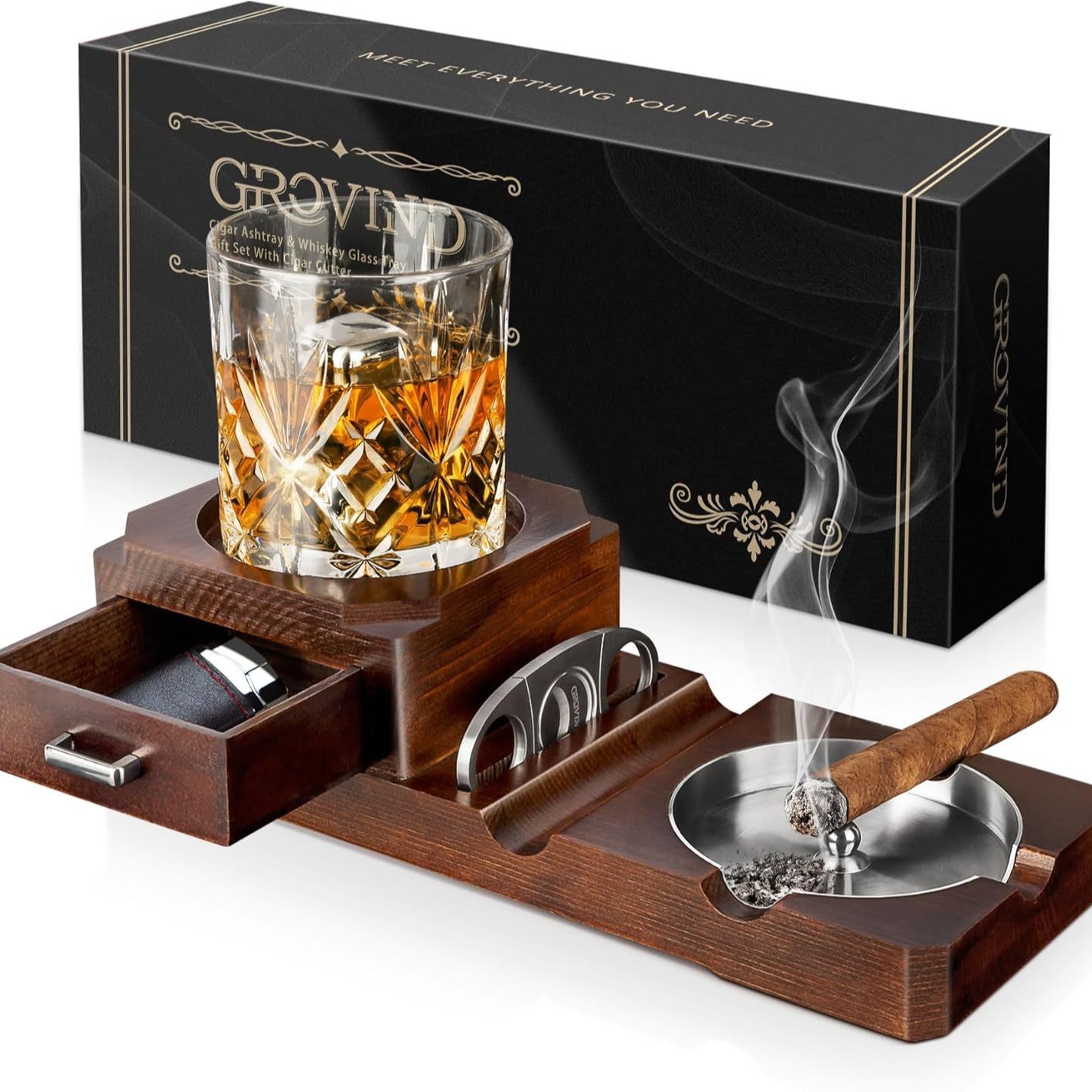 in stock Foreign Trade Cigar Ashtray Wooden Ashtray Whiskey Cup Holder with Steel Slot Drawer Ashtray