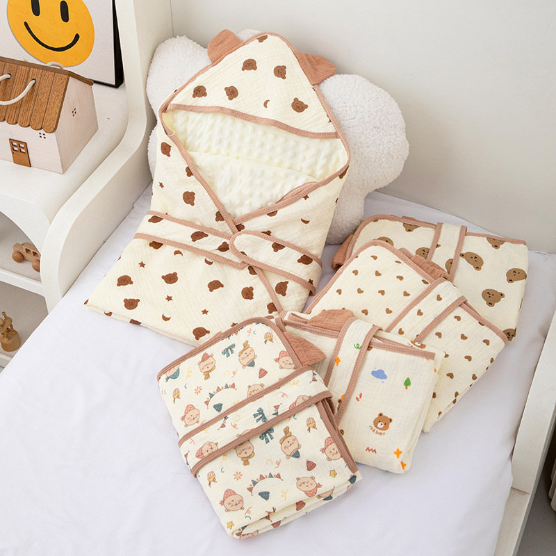 Newborn Blanket Pure Cotton Wrinkled Cloth Beanie Hooded Blanket Delivery Room Baby Swaddle Blanket Spring & Fall Outing Windproof Quilt