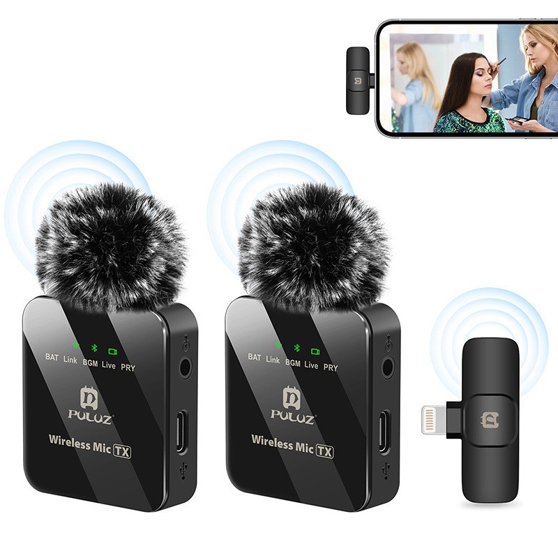 Puluz Wireless Lavalier Microphone for Live Streaming and Recording, Noise Reduction, One-To-Two Computer Camera Microphone