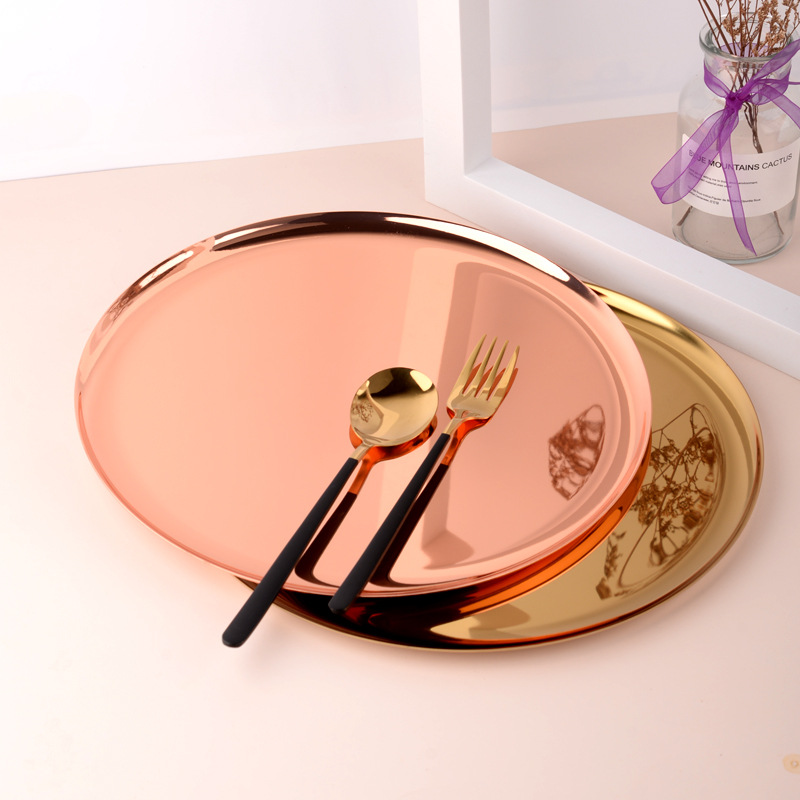 Оптовый завод металлический круглый поднос, нержавеющая сталь, золотой декоративный фруктовый поднос, чайный поднос, металлический поднос для хранения