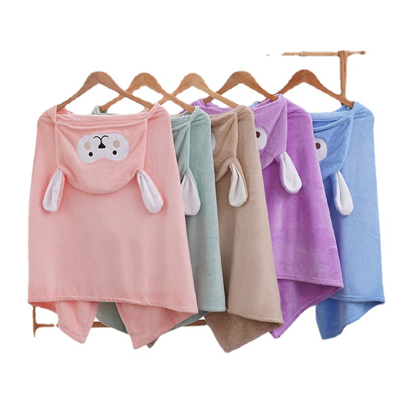 Children's Bath Towel Hooded Poncho Absorbent Baby Hooded Bathrobe Cartoon Baby Coral Fleece Children's Bath Towel