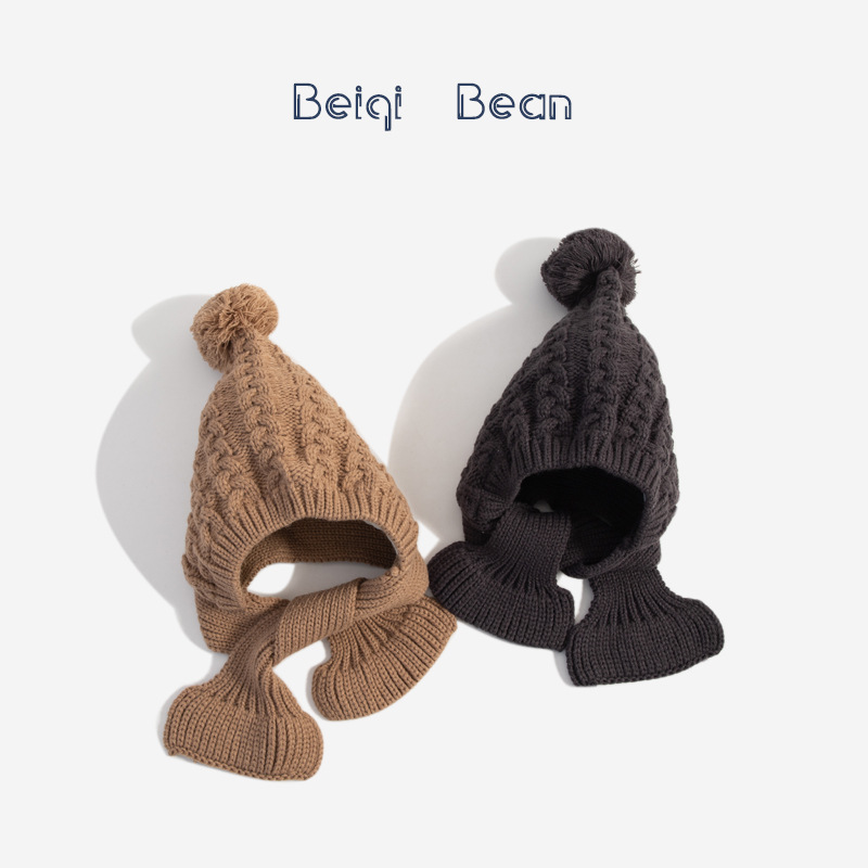 Autumn and Winter Kidsren's Hat and Scarf Integrated Woolen Baotou Hat K-Style Fleece-Lined Warm Knitted Ear Protection Hat for Male and Female Babies