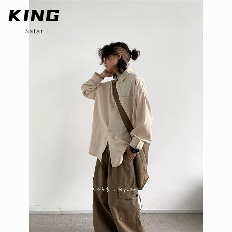 Spring and Autumn Japanese Retro Solid Color Long-Sleeve Shirt for Men, Hong Kong Style Versatile College Loose Casual Work Shirt